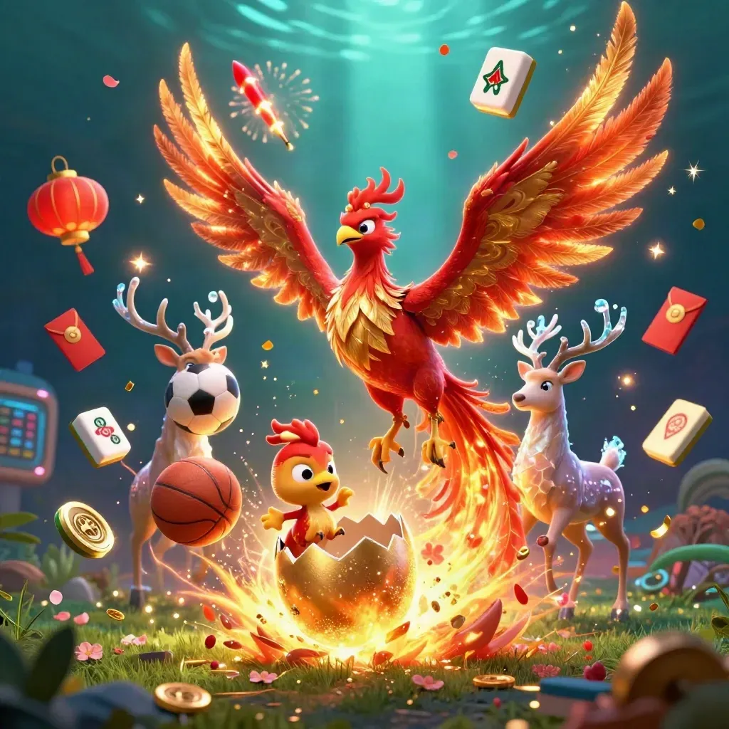 Phoenix, stag, egg, and casino symbols swirl around a soccer ball under teal-blue cinematic rays.