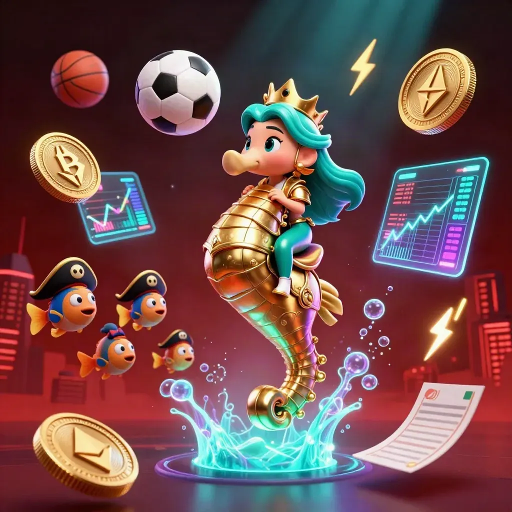Mermaid princess on a golden seahorse amid coins, fish, balls, and casino glow.