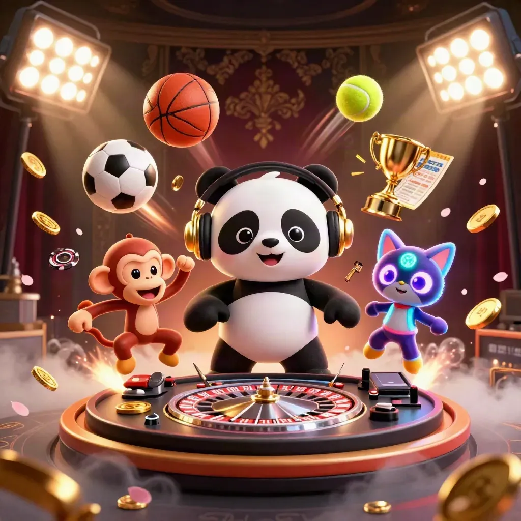DJ panda, dancing monkey, and glow kitten amid flying sports balls and casino lights