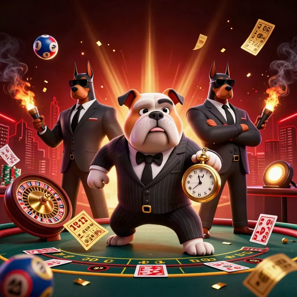 Bulldog mob boss and Dobermans amid roulette, bingo, cards, and crimson casino neon.