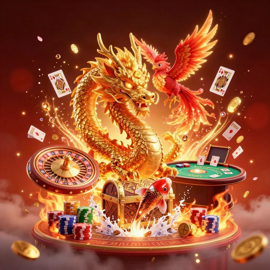 Golden dragon, phoenix and koi amid roulette wheel, coins and casino lights on a dark crimson hero tile.