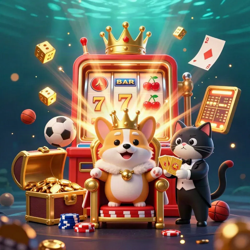 Royal corgi and cat butler amid exploding slot symbols, chips, dice, balls, and gold