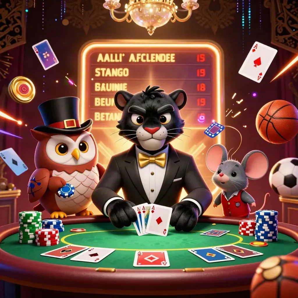 Panther, owl, and mouse at a luxury poker table with chips, cards, and casino lights.
