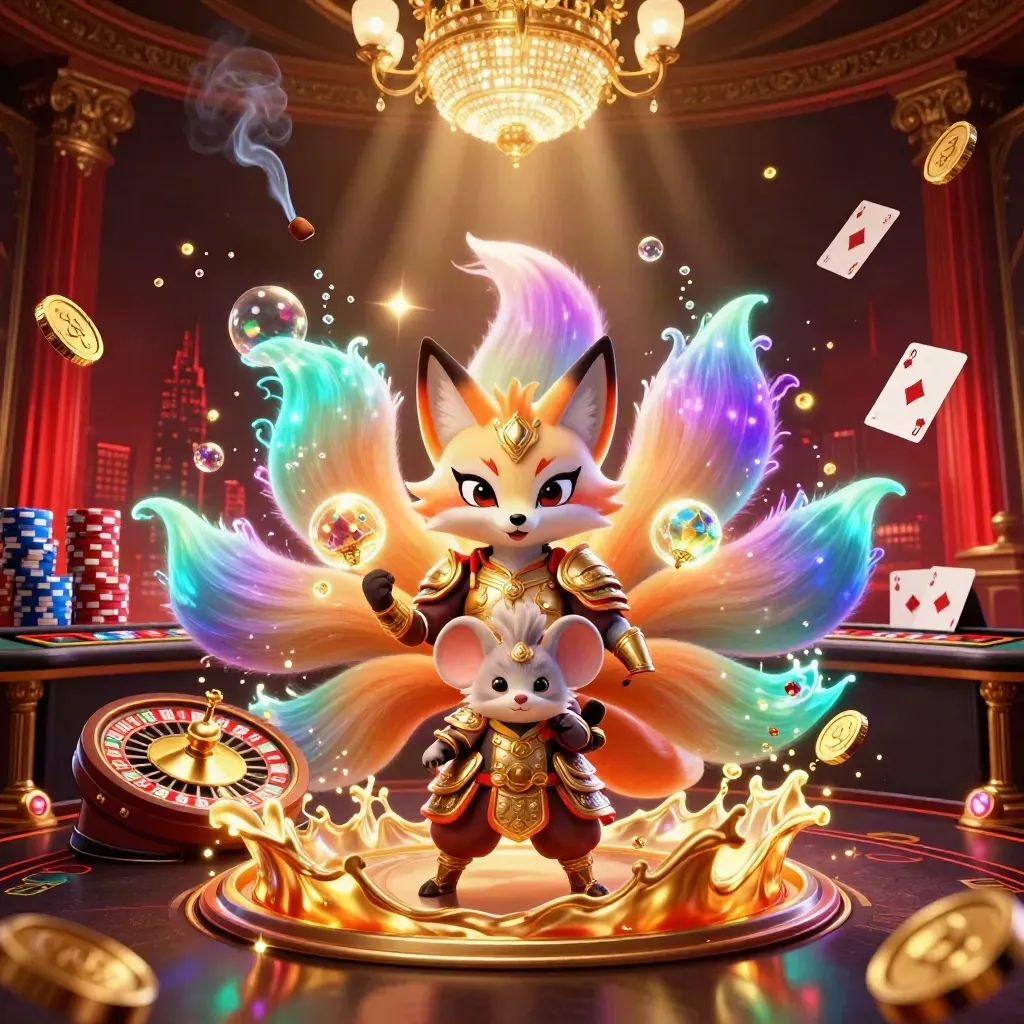 Neon fox spirit and golden-armored mouse amid spinning roulette, coins, gems, and casino lights.