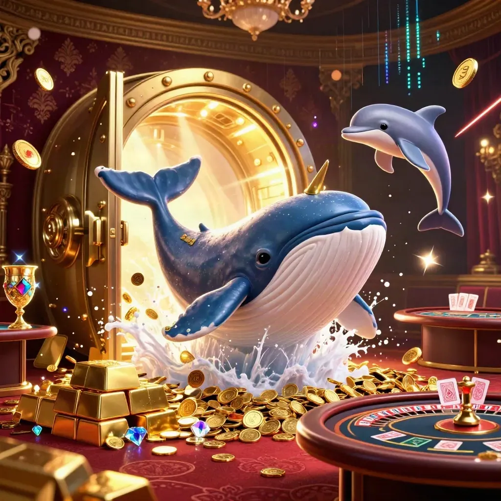 Cartoon whale captain, narwhal, and dolphins amid gold vaults, roulette, and casino glow.