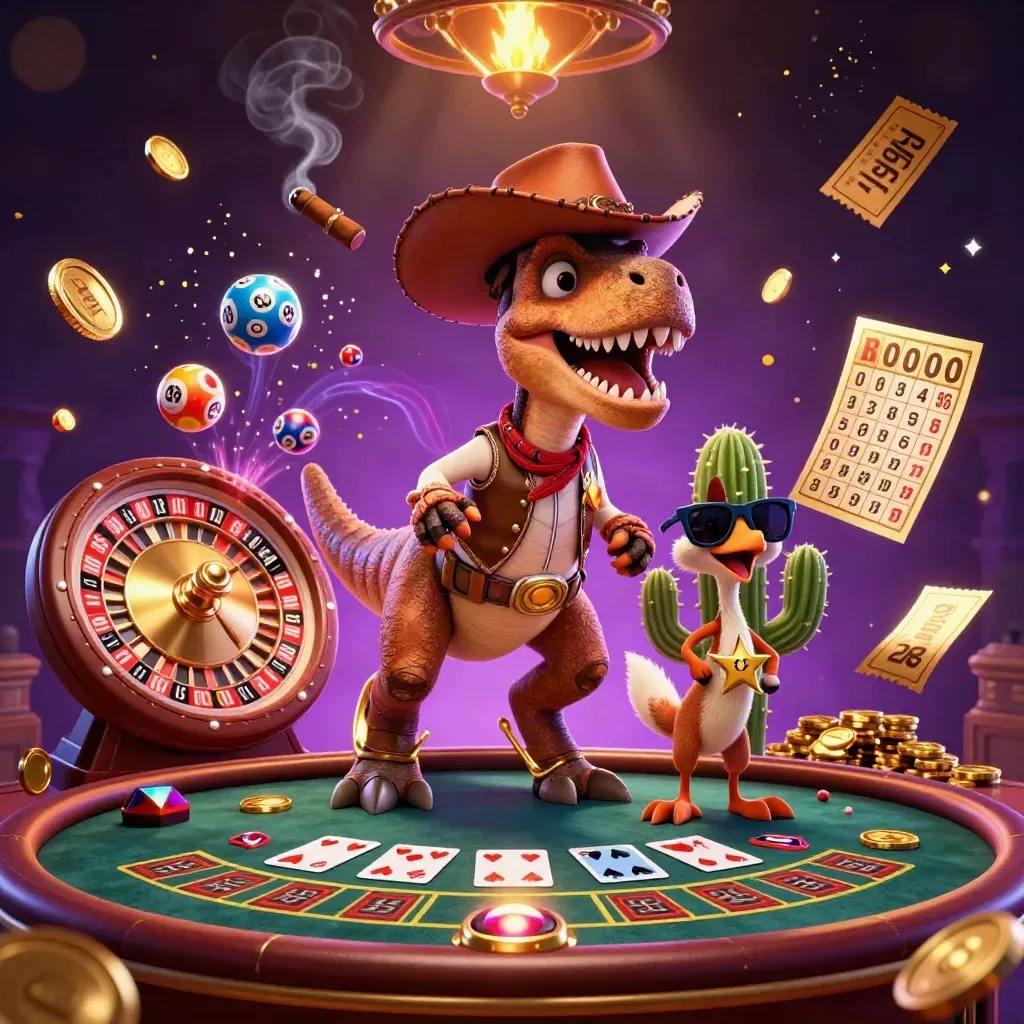 Cowboy T-Rex, cactus, and roadrunner in a luxe neon casino with spinning wheel and gold confetti.