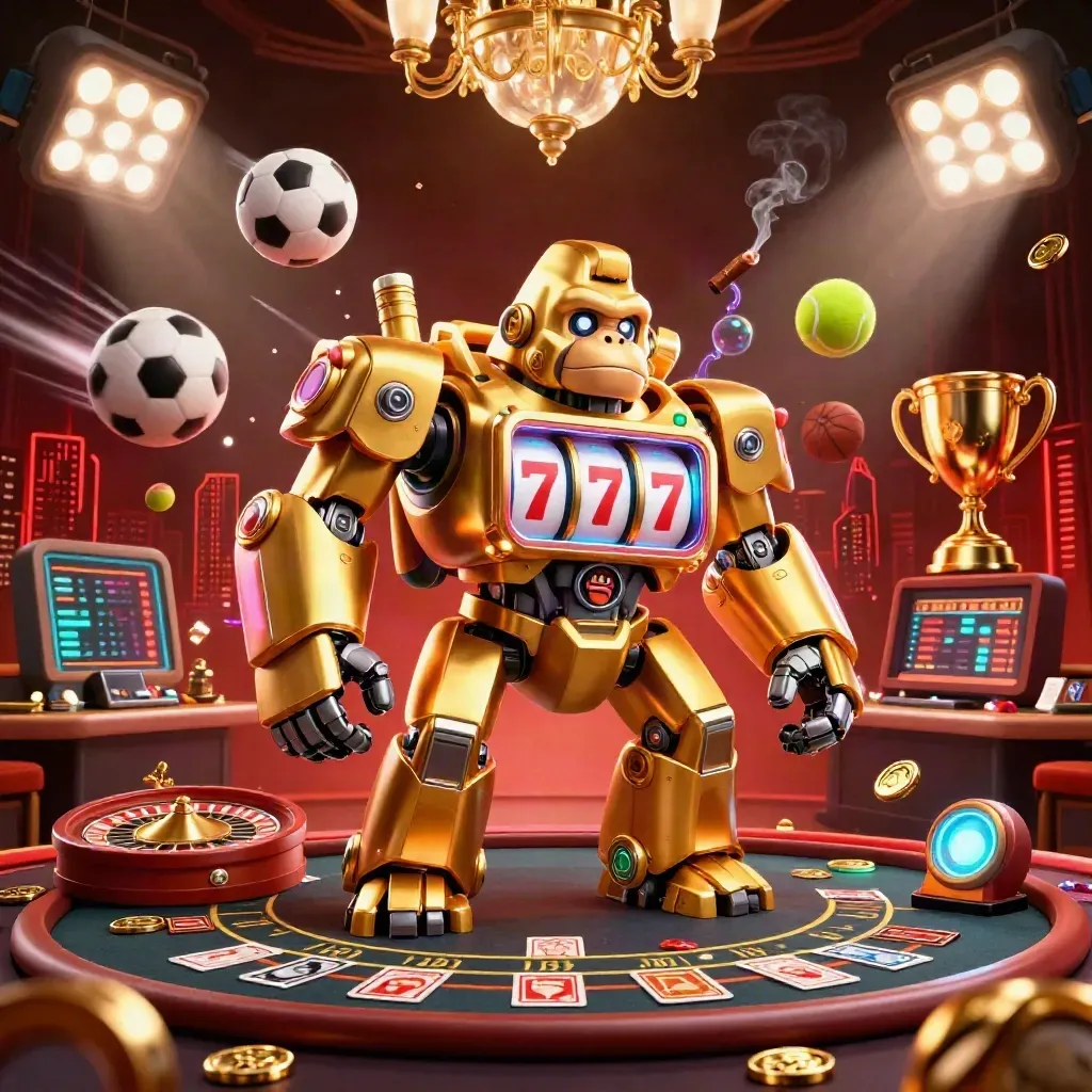 Golden gorilla mech with monkey pilot, roulette and sports props in a luxe casino glow.
