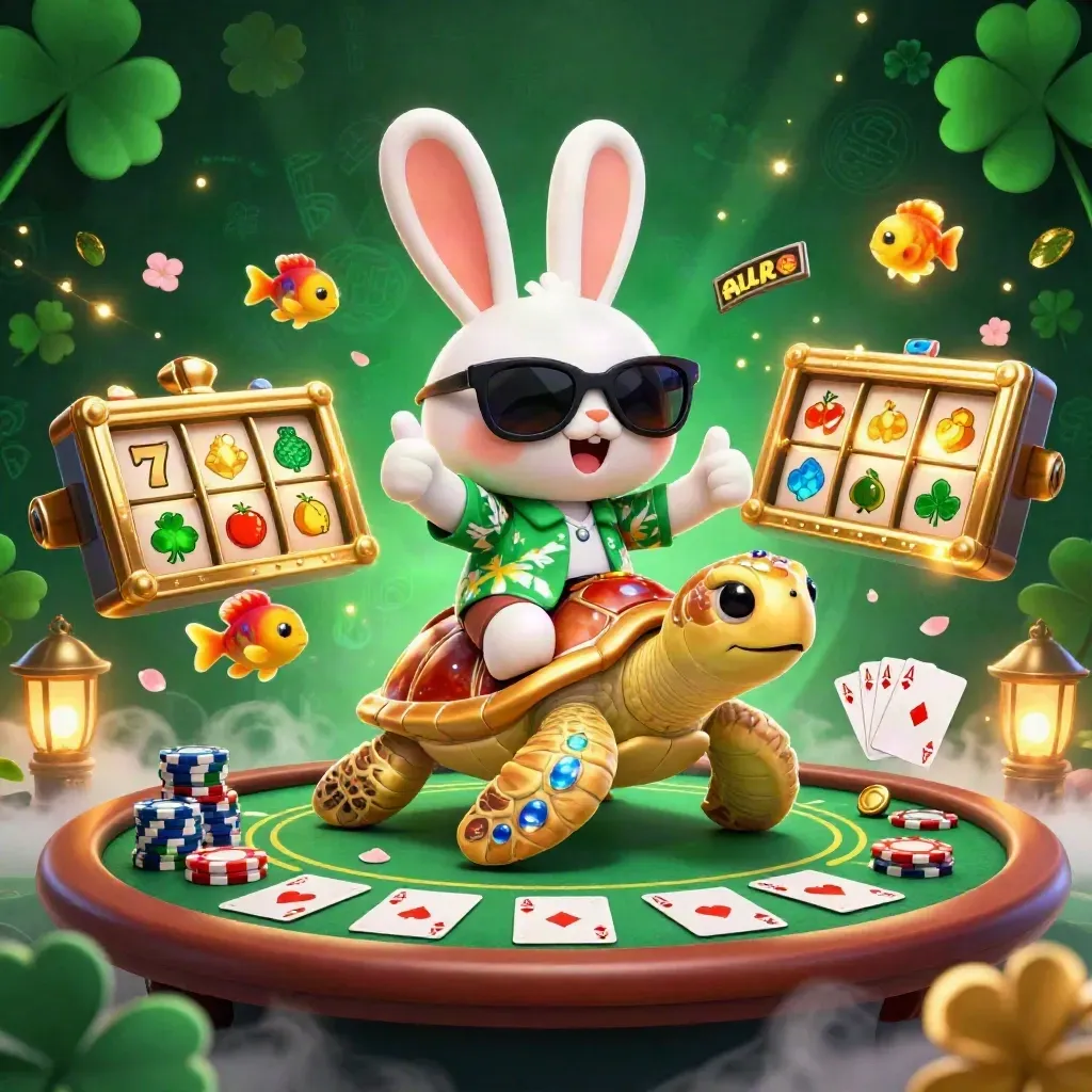 Lucky rabbit on a golden turtle amid poker chips, aces, and casino glow.