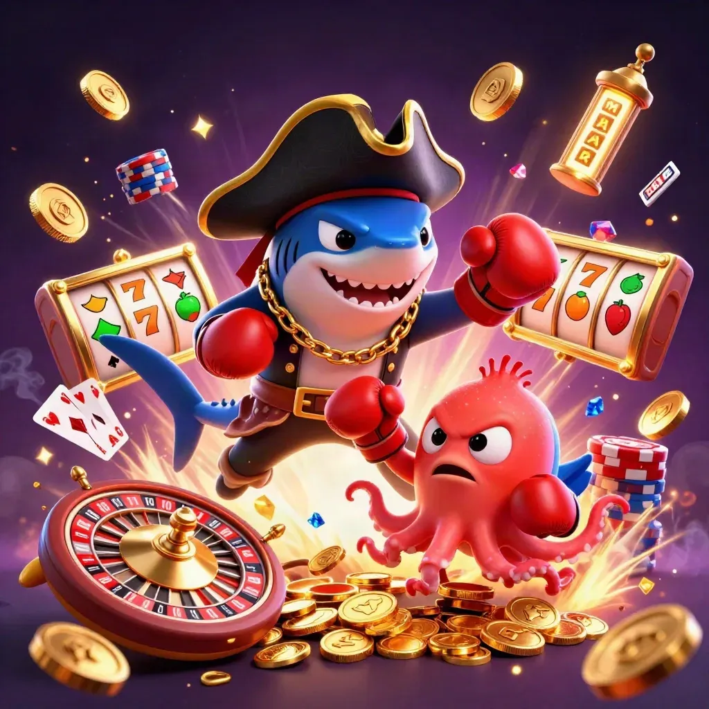 Pirate shark, boxing pufferfish, and coin-juggling octopus in a casino burst of chips, cards, and roulette.