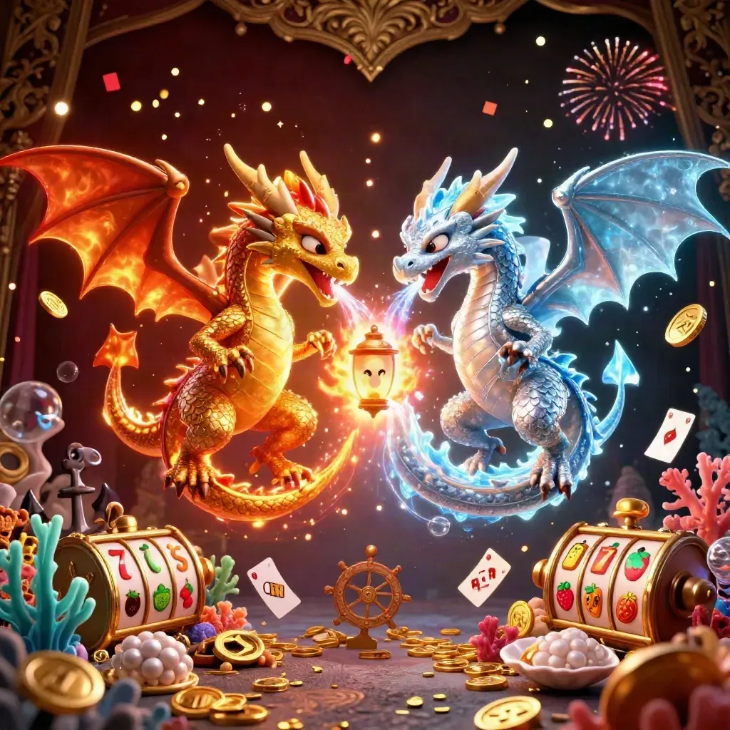 Twin gold and silver dragons spiral in a treasure cove with coins, coral, sparks, and casino symbols.