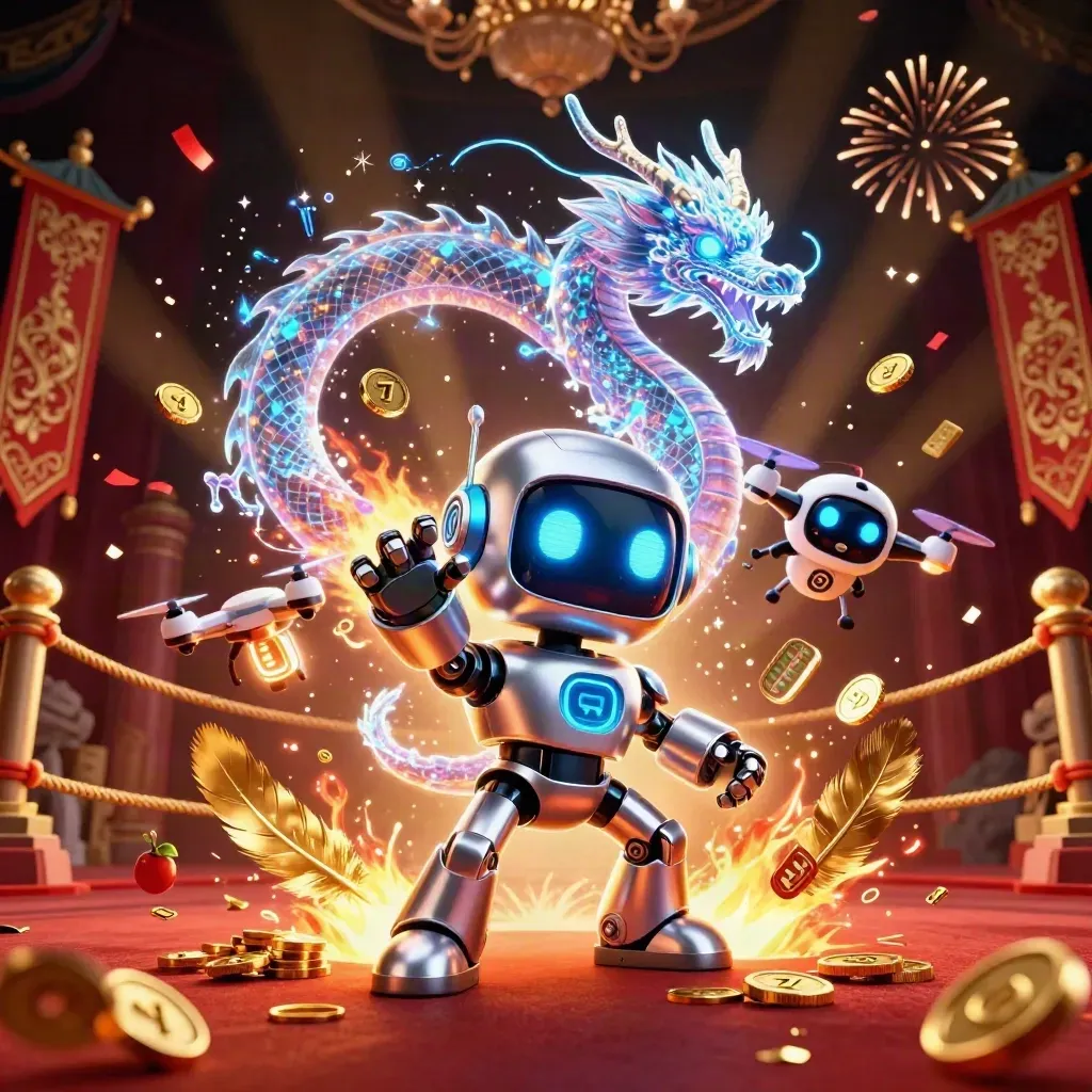 Chrome cyberpunk robot, holographic dragon, and coin drone in a casino temple burst of gold and crimson