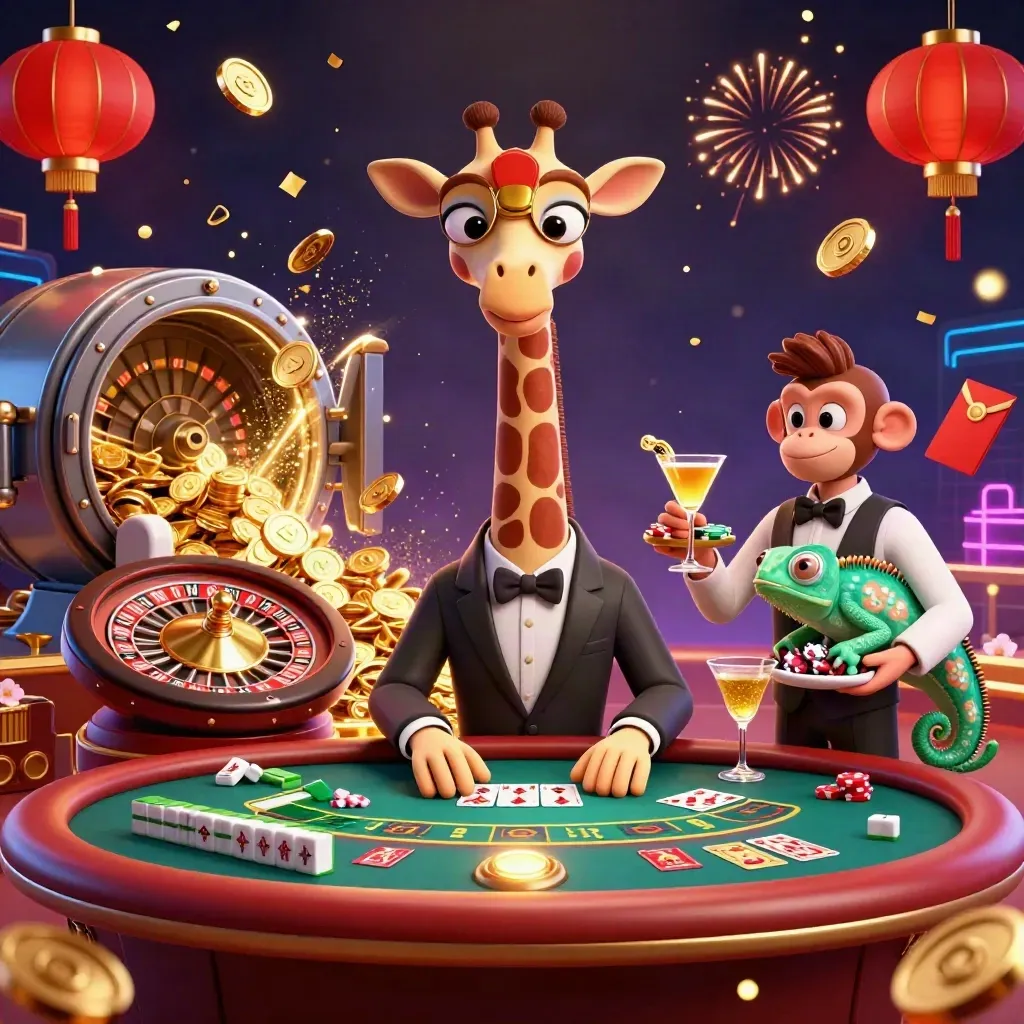 Giraffe, monkey, and chameleon casino heroes amid coins, fireworks, roulette and cards