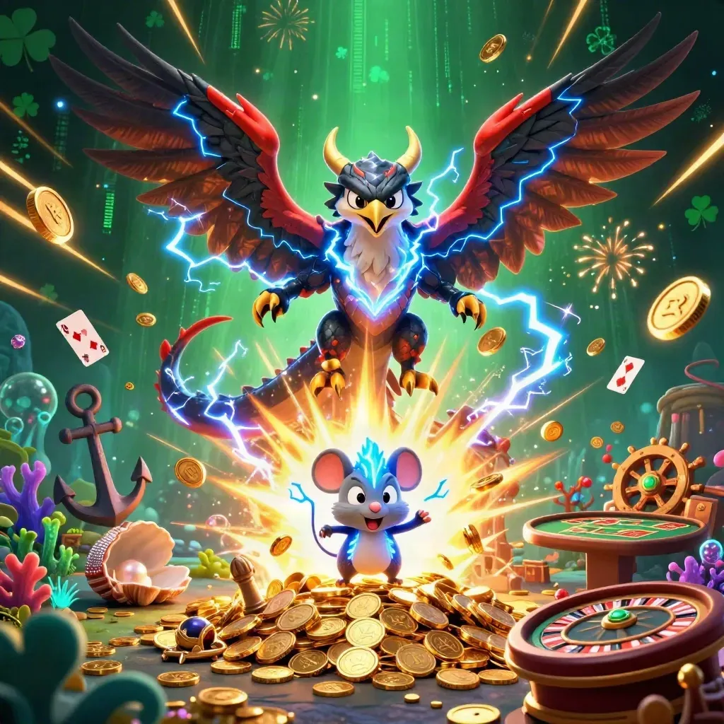 Thunder dragon, hawk, and mouse amid gold coins, roulette wheel, and casino fireworks.