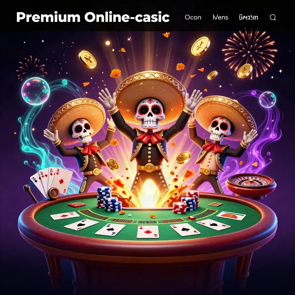 Mariachi skeleton trio amid coins, fireworks, poker chips, roulette, and glowing casino lights.