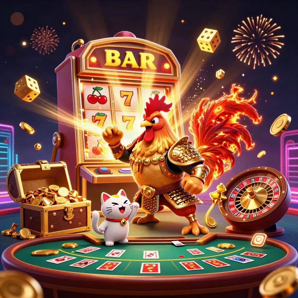 Rooster samurai, dragon hatchling, and fortune cat amid a jackpot casino explosion.