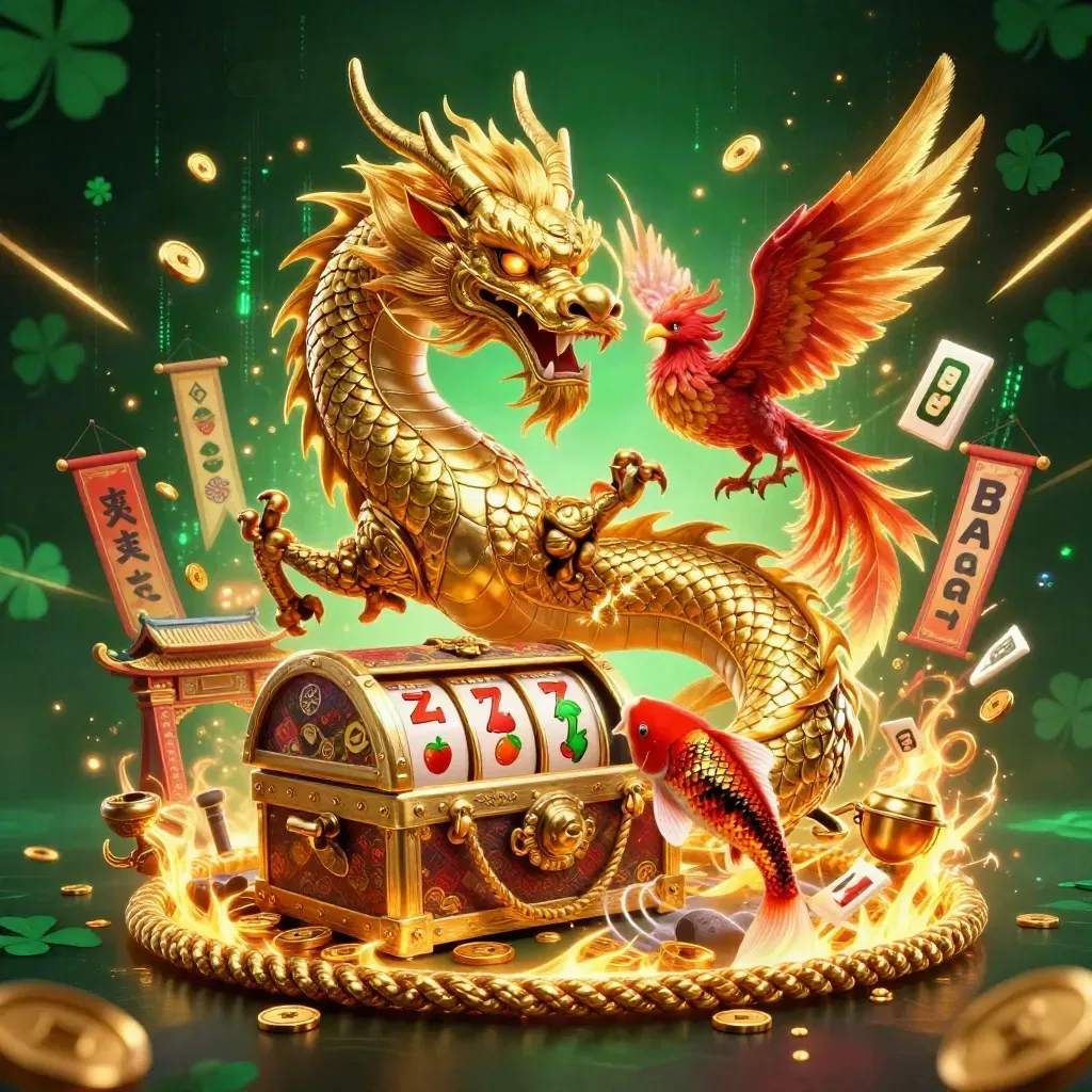 Golden dragon, phoenix, and koi around a treasure chest in a neon casino fantasy scene.