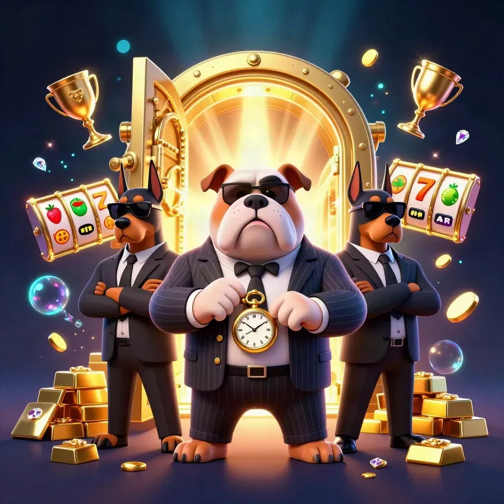 Bulldog boss with two Dobermans amid a glowing vault, gold bars, reels, and casino sparkles.