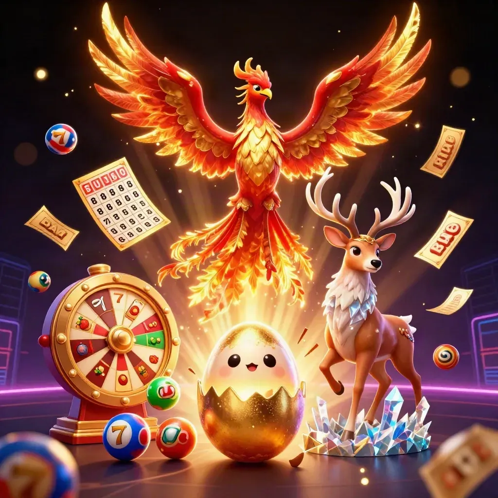Phoenix, stag, hatchling and casino symbols burst in gold and crimson over a dark neon grid.