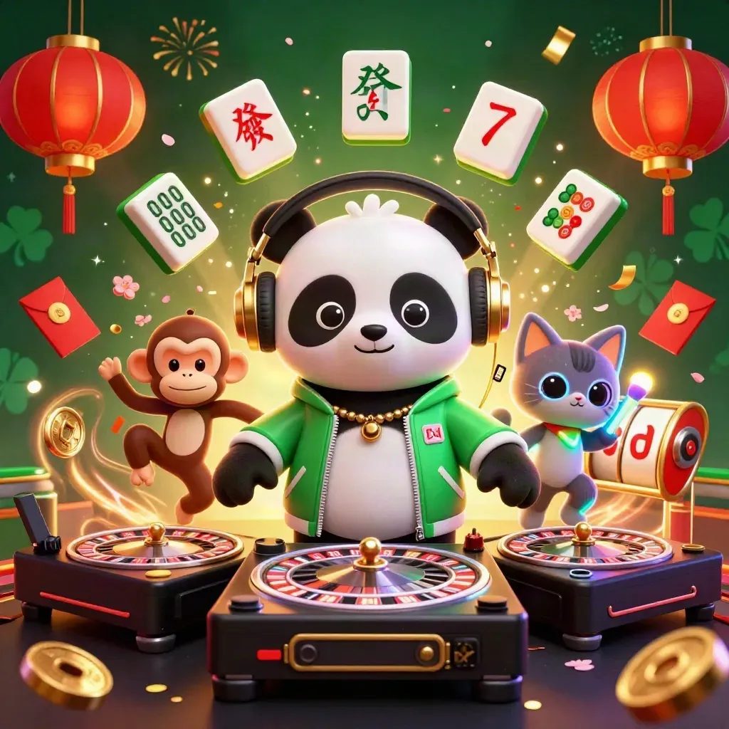 DJ panda, monkey, and kitten amid casino symbols, fireworks, and glowing neon effects.