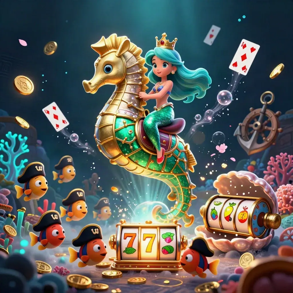 Mermaid princess rides a golden seahorse through a neon treasure cove with cards, coins, fish, and slot reels.