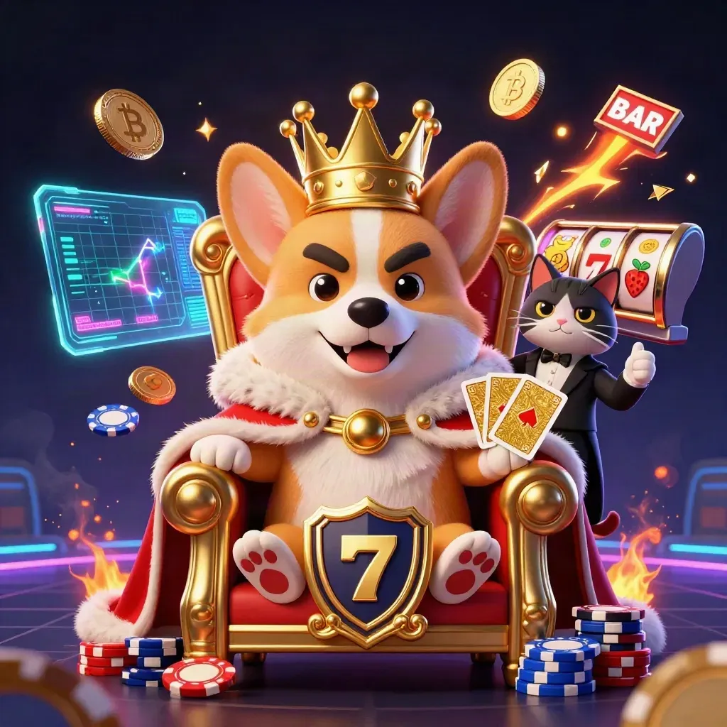 Royal corgi on a chip throne with cat butler, glowing crypto coins, reels and neon casino effects