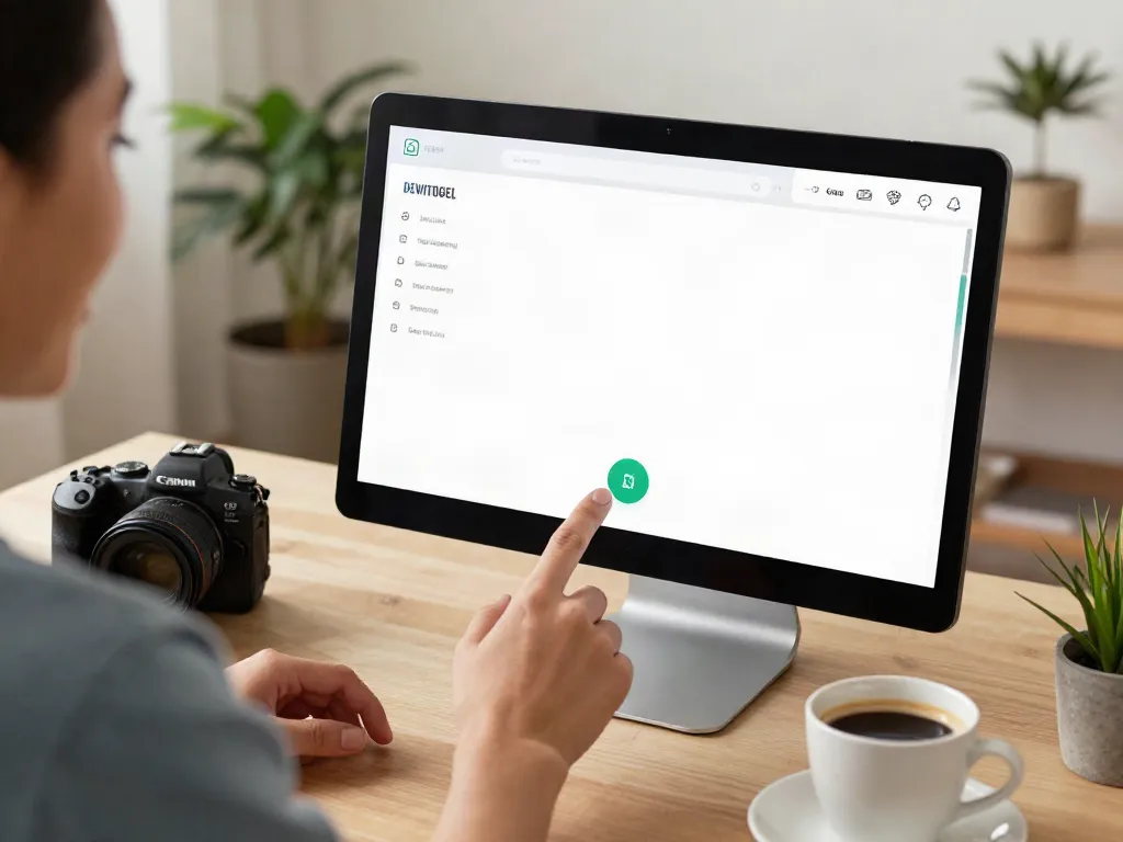 Antarmuka layanan DEWITOGEL yang ramah pengguna di laptop dengan pengguna yang tersenyum, menciptakan suasana nyaman dan efisien.